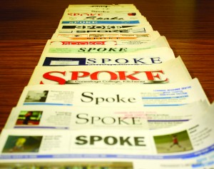 PHOTO BY ELISSA DEN HOED Past issues of Spoke found in the LRC. Where the paper got its name is unknown. Two possibilities are that it could refer to a spoke on a Conestoga wagon, or to the paper being the “voice of Conestoga students,” according to an old slogan. Likely, it’s both.