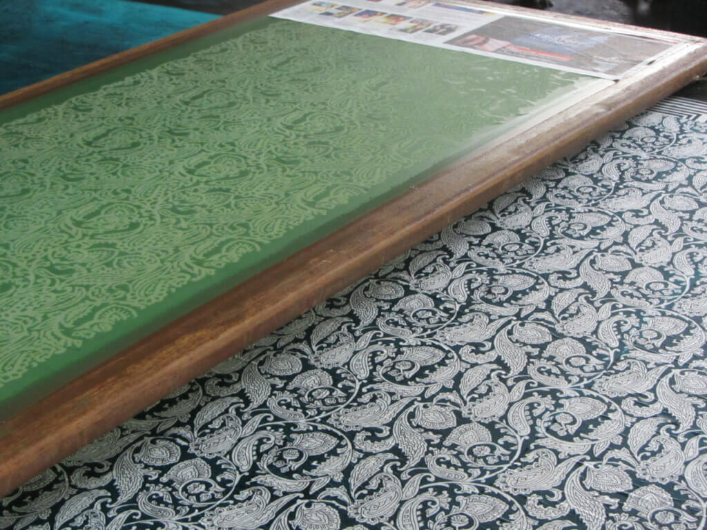 Painted silk and patterned screen in a Craft Resource Centre-associated workshop in India